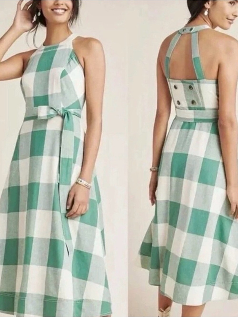 Anthropologie Maeve Greta halter midi dress linen gingham Button accents, size 0